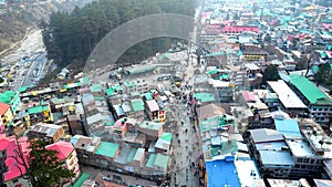 Aerial view Citi of Manali Mall Road and Sonmarg Mountain Greenery Landscape Himachal Pradesh, India