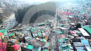 Aerial view Citi of Manali Mall Road and Sonmarg Mountain Greenery Landscape Himachal Pradesh, India