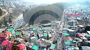 Aerial view Citi of Manali Mall Road and Sonmarg Mountain Greenery Landscape Himachal Pradesh, India