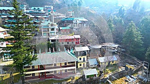 Aerial view Citi of Manali Mall Road and Sonmarg Mountain Greenery Landscape Himachal Pradesh, India