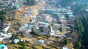 Aerial view Citi of Manali Mall Road and Sonmarg Mountain Greenery Landscape Himachal Pradesh, India