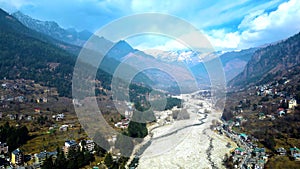 Aerial view Citi of Manali Mall Road and Sonmarg Mountain Greenery Landscape Himachal Pradesh, India