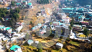 Aerial view Citi of Manali Mall Road and Sonmarg Mountain Greenery Landscape Himachal Pradesh, India