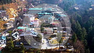 Aerial view Citi of Manali Mall Road and Sonmarg Mountain Greenery Landscape Himachal Pradesh, India