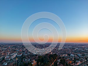 Aerial view Citta Alta Bergamo, Italy. Drone aerial view of the old town during sunrise. Landscape at the city center