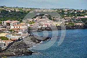 Aerial view of the city Aci Castello on the island of Sicily