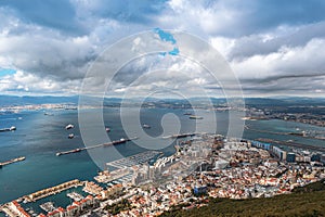 Aerial view on city and airport runway of Gibraltar and Spanish La Linea town on a background. photo