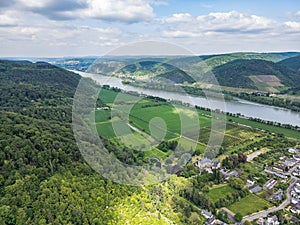 Aerial view of City Andernach Namedy and the Rhine river valley on a sunny summer day