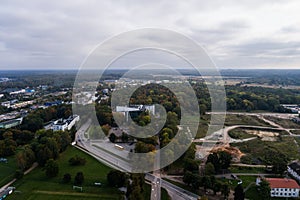 Aerial view of the city at autumn season.