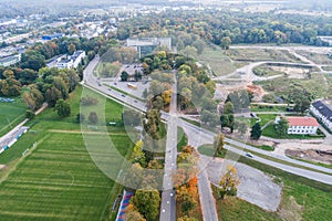 Aerial view of the city at autumn season.