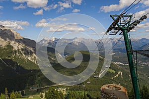 Aerial view of the city of Banff, Alberta, Canada. Town in Rocky Mountains. Houses, hotels, shops.