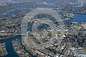 Aerial view of a city on a bay