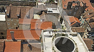 Aerial view of the city from the bell tower, roofs of houses in old town, beautiful cityscape, sunny day, Split, Croatia