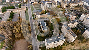 Aerial view of the city buildings in early spring.