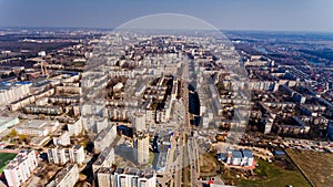 Aerial view of the city buildings in early spring.