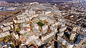 Aerial view of the city buildings in early spring.