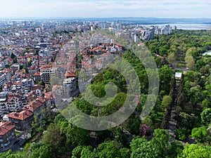 Aerial view of city of Burgas and Burgas sea garden, Bulgaria