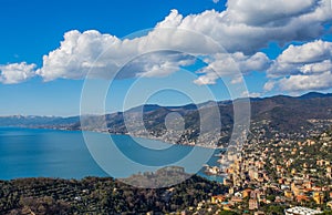 Aerial view of city of Camogli and east riviera, Genoa Genova province, Ligurian riviera, Mediterranean coast, Italy