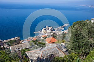 Aerial view of city of Camogli, Genoa Genova province, Ligurian riviera, Mediterranean coast, Italy