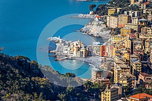 Aerial view of city of Camogli, Genoa Genova province, Ligurian riviera, Mediterranean coast, Italy