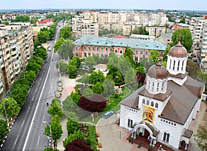 Aerial view of city, cathedral and long street through town - Giurgiu, Romania