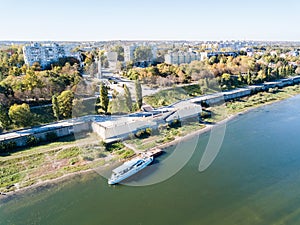 Aerial view of city center of Bendery (Bender), embarkment of Dniester river, pleasure boat, unrecognised Transnistria.