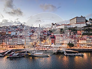 Aerial view of city center of Porto at the evening, Portugal