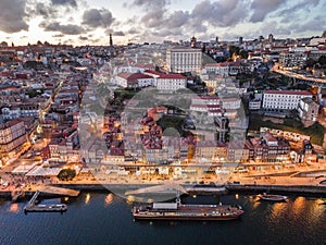 Aerial view of city center of Porto at the evening, Portugal