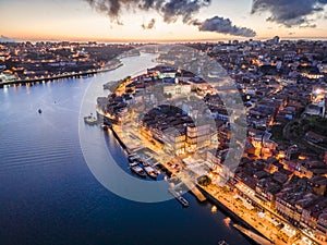 Aerial view of city center of Porto at the evening, Portugal