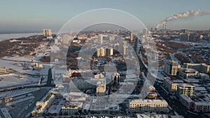 Aerial view of the city of Cheboksary, Russia 2021. Landscape of the city of Cheboksary. Colorful winter sunset scene