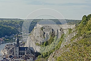 Aerial view on the city of the citadel and church of Dinant along river meuse