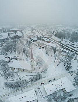 Aerial view of the city on a cold winter day.