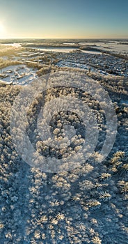 Aerial view of the city at cold winter morning. Sunrise in foggy day.