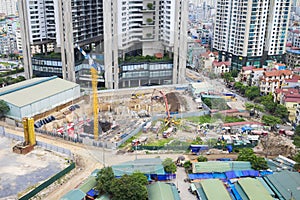 Aerial view of city construction site. Hanoi cityscape