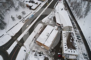 Aerial view of the city covered with snow.