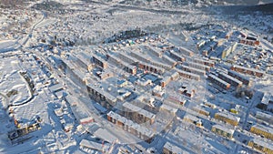 an aerial view of a city covered in snow. Sheregesh, Russia