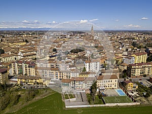 Aerial view of the city of Cremona, Lombardy, Italy. Cathedral and Torrazzo of Cremona