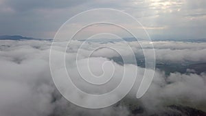 Aerial view of the city of Dolny Kubin through the clouds in Low Tatras