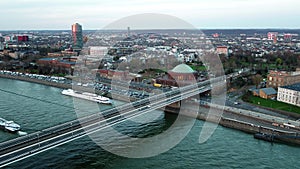 Aerial view of the city of Dusseldorf in Germany with the crossing of Joseph-Beuys-Ufer and Oberkasseler bridge - All