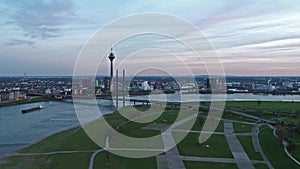 Aerial view of the city of Dusseldorf in Germany with the crossing of Joseph-Beuys-Ufer and Oberkasseler bridge - All