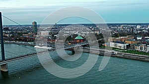 Aerial view of the city of Dusseldorf in Germany with the crossing of Joseph-Beuys-Ufer and Oberkasseler bridge - All