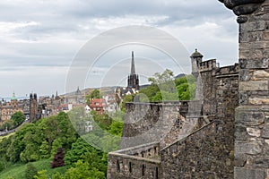 Aerial view at city of Edinburgh with St. Giles Cathedral and Arthurs Seat