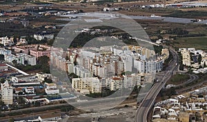 Aerial view of the city of Faro the beautiful Algarve coast in Portugal seen on a flight to Faro