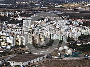 Aerial view of the city of Faro the beautiful Algarve coast in Portugal seen on a flight to Faro