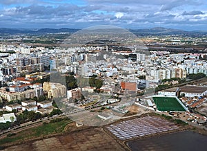 Aerial view of the city of Faro the beautiful Algarve coast in Portugal seen on a flight to Faro