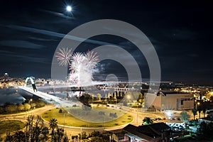 Aerial view of city with fireworks photo