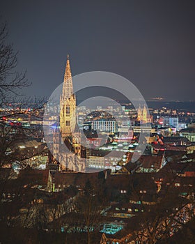 Aerial view of the city of Freiburg im Breisgau, Germany with buildings in the background