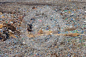 Aerial view of city garbage dump. Pile of plastic trash, food waste on landfill. Environmental pollution concept
