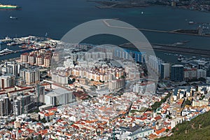 Aerial view on city of Gibraltar from Upper Rock Natural Reserve. British overseas territory.