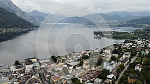 Aerial view of the city of Gmunden in Austria, on a cloudy day